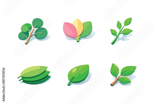 Spring Foliage Icons. Spring leaf & branch sets. Isometric flat vector icons set of Spring leaf & branch sets: eucalyptus branch, rounded pastel leaves, slim