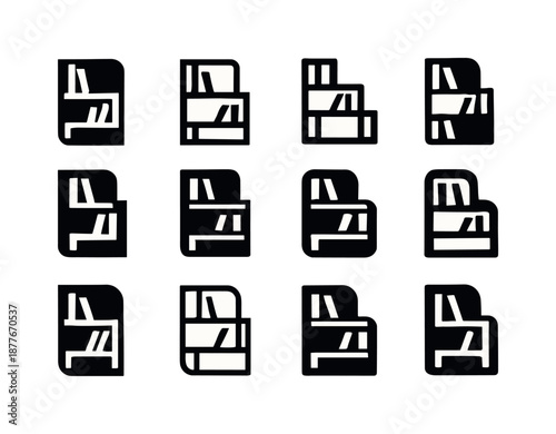 Peanutsold Bookshelf Logos. peanutsold bookshelf. Icon set. Set Logo of peanutsold bookshelf: bookshelf with staggered compartments. harmonious logo variations