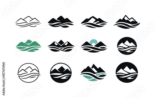Quiet Valley Logos. Quiet Valley. Icon set. Set Logo of Quiet Valley: valley with flowing breeze lines. harmonious logo variations of the same emblematic