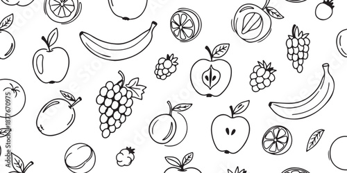Seamless pattern of hand-drawn fruits on a white background, perfect for design