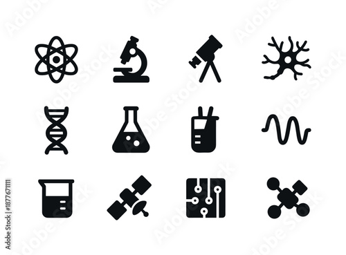Science Icon Set. Science symbols. Solid icon set of science symbols: atom, microscope, telescope, DNA strand, chemistry flask, neuron icon, physics formula
