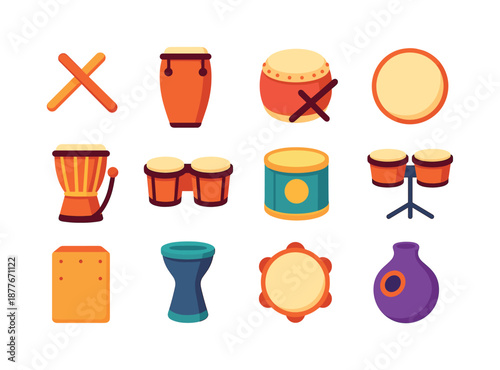 Cultural Drum Icons. Cultural rhythms. Colorful flat vector icons set of Cultural rhythms: clave sticks, conga drum, taiko drum, frame drum, talking drum,