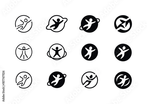 Zero Gravity Icons. Weightlessness. Icon set. Set Logo of weightlessness: zero-gravity symbol ring. harmonious logo variations of the same emblematic concept,