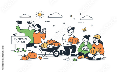 Pumpkin Patch Joy. Group enjoying pumpkin patch experience. Simple editorial scene highlighting seasonal joy, nature and social connection. Minimalist flat
