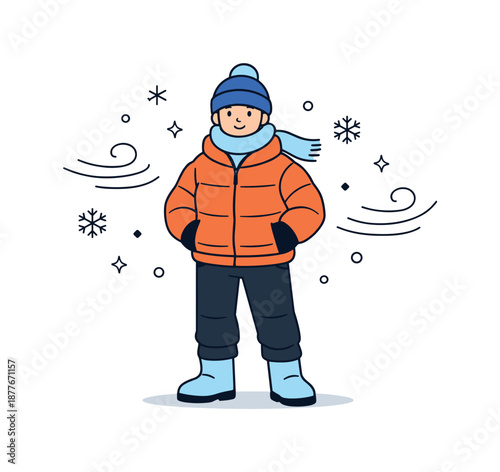 Resilient Winter Style. Staying Warm Outdoors. A person standing confidently in winter clothing, with soft wind lines and snow icons around. The mood is