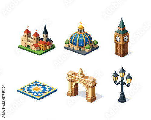 Cultural Heritage Icons. Cultural heritage. Isometric flat vector icons set of Cultural heritage: historic city skyline, domed cathedral roof, clock tower,