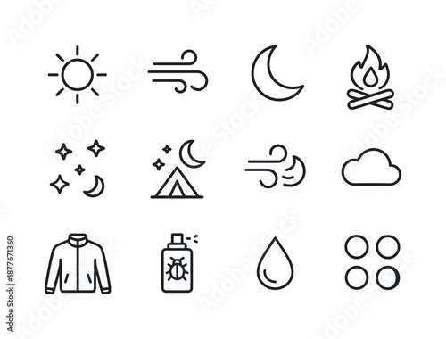 Outdoor Icon Set. Bonfires and outdoor gatherings. Line icon set of weather conditions: clear sky icon, evening breeze, crescent moon, campfire