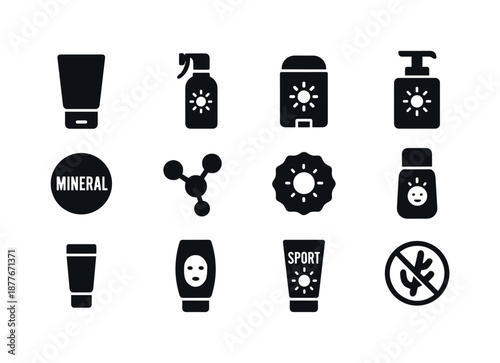 Sunscreen Icon Set. Sunscreen types. Solid icon set of sunscreen types: cream tube, spray bottle, stick applicator, lotion pump, mineral label, chemical icon,