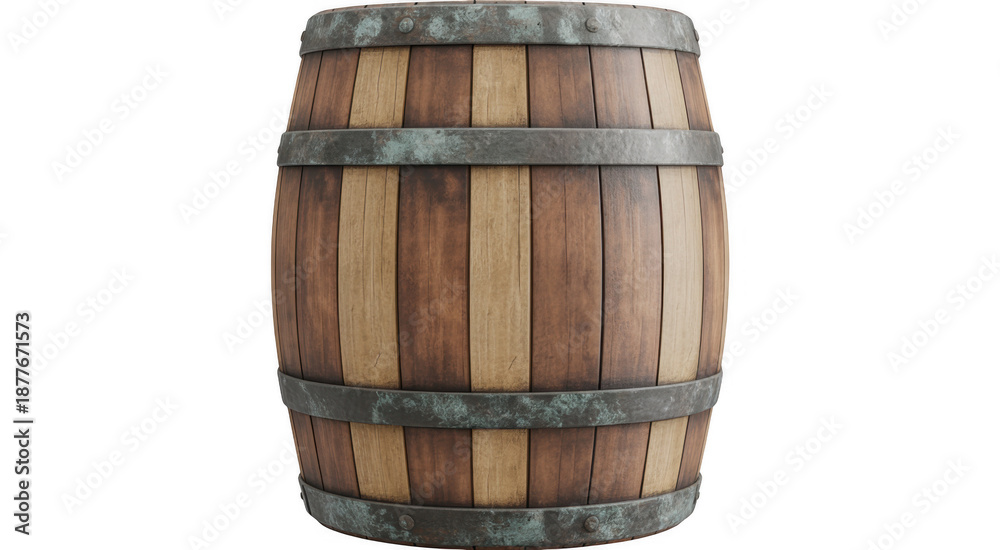 Fototapeta premium Wooden barrel with metal hoops brown rustic isolated on a transparent background