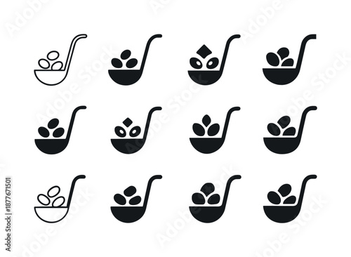 Cooked Beans Icons. cooked beans. Icon set. Set Logo of cooked beans: bean ladle. harmonious logo variations of the same emblematic concept, each