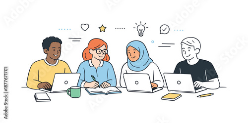 Inclusive Workspace Illustration. Equal opportunity office. Colleagues working side by side with laptops and notes, feeling valued and included. A sense of