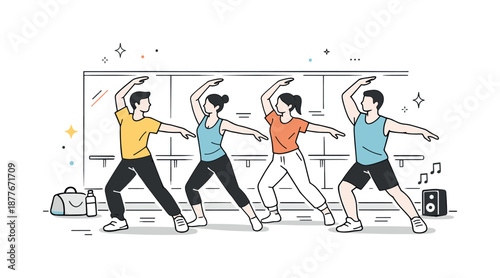 Synchronized Dance Rehearsal. Dance rehearsal. Dancers practicing synchronized moves in a studio with mirrors. Focused preparation and calm creative energy.