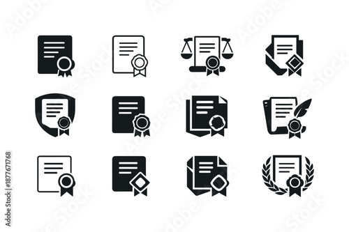 Judge's Decision Logos. judge?s decision written on paper. Icon set. Set Logo of judge?s decision written on paper: legal document with seal. harmonious logo