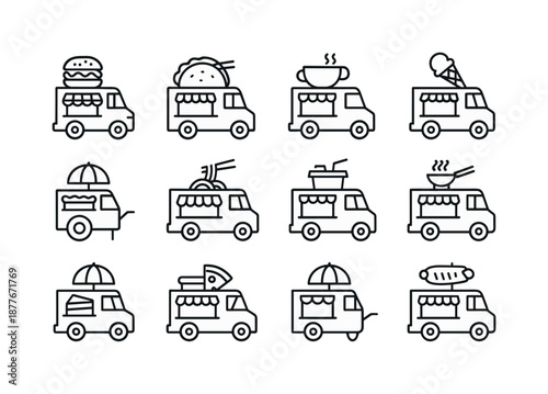 Street Food Icon Set. Street food. Line icon set of food truck items: burger truck, taco truck, coffee van, ice cream truck, hot dog cart, noodle van, juice