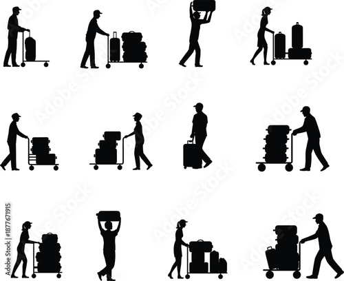 Airport porter luggage handling silhouette set with baggage carts travelers transportation service workflow black and white vector illustration