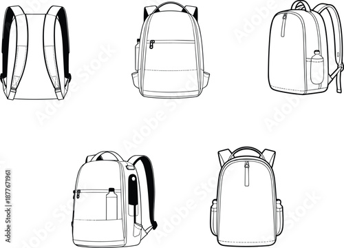 Backpack technical illustration set, multiple views school bag design, front side back perspectives, travel accessory, flat vector drawing