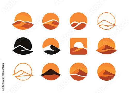 Sunset Icon Variations. Sunset. Icon set. Set Logo of sunset: desert sunset icon. harmonious logo variations of the same emblematic concept, each