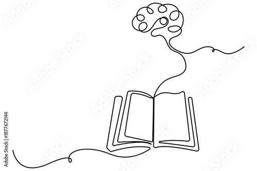 Single line illustration showing brain emerging from open book learning idea
