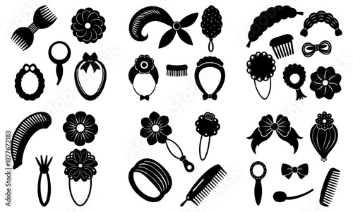 Collection of black hair accessories and styling tools on white background hair tools comb