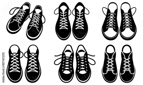 Black and white sneakers with different lacing styles on transparent background laces