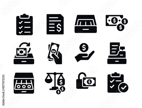 Retail Cash Icons. Retail cash count. Solid icon set of retail cash count: till count sheet, shift report, cash tray icon, coins and bills, register close