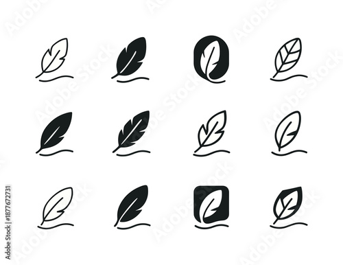 Weightlessness Icon Logos. Weightlessness. Icon set. Set Logo of weightlessness: drifting feather. harmonious logo variations of the same emblematic concept,