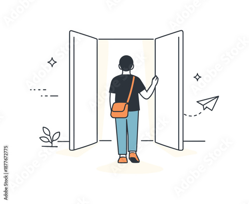New Beginnings. New chapter in life. A person standing at an open doorway with soft light coming through. Quiet confidence and hopeful transition mood with