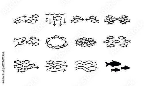 Ocean Behavior Icons. Open Ocean Behavior. Line icon set of Open Ocean Behavior: migration path, deep water swim, school split, school merge,