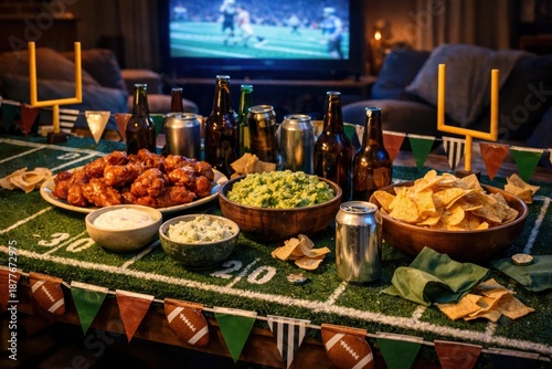 American football watch party table with chicken wings chips and beer. Concept of cozy game night mood, home entertainment, fan gathering atmosphere for advertising and social media. © master1305