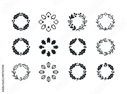 Seasonal Wreath Icons. Seasonal wreath. Icon set. Set Logo of seasonal wreath: holly berry wreath. harmonious logo variations: Symmetrical form, Abstract