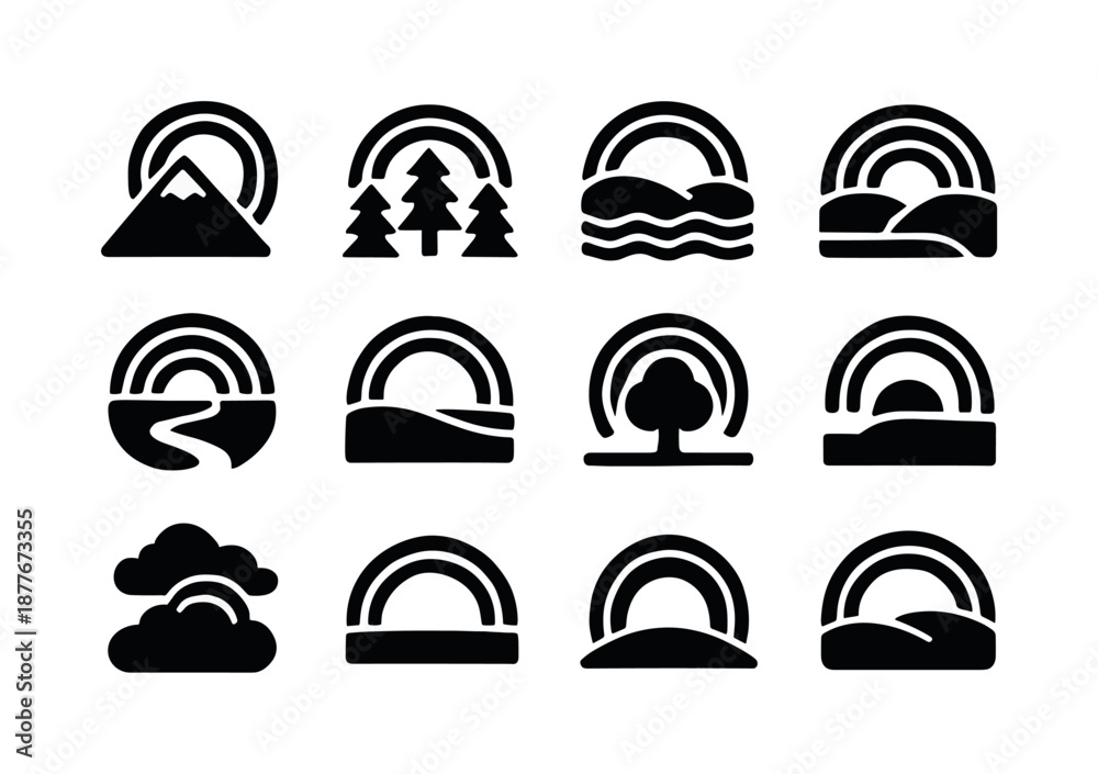 Fototapeta premium Nature's Rainbow Icons. Rainbows in nature. Solid icon set of Rainbows in nature: rainbow over mountain, forest rainbow, ocean rainbow, valley arc, river