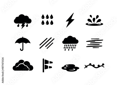 Rainstorm Icon Set. Rainstorm. Solid icon set of Rainstorm: storm cloud, raindrop cluster, lightning dash, splash icon, umbrella silhouette, rain band, heavy