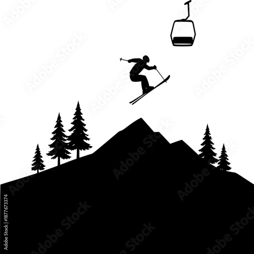 Mountain Skiing Silhouette: A silhouette of a skier soaring through the air against the backdrop of majestic mountains, captured in a stunning display of winter sport and adventure. 