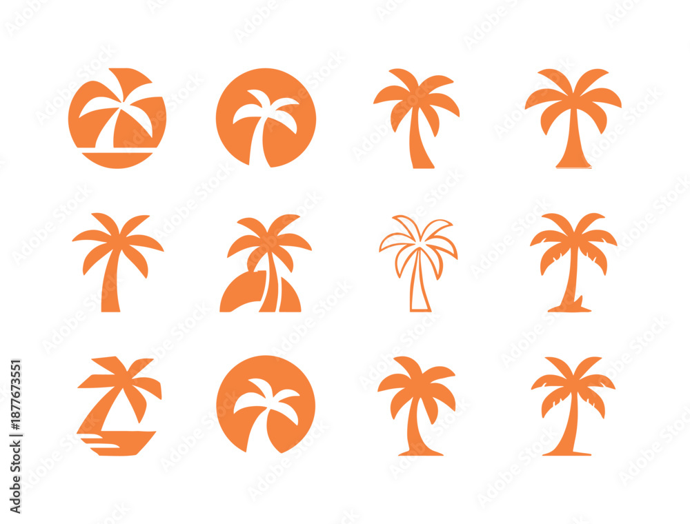 Obraz premium Tropical Palm Logo Variations. Summer. Icon set. Set Logo of summer: tropical palm tree. harmonious logo variations of the same emblematic concept, each with