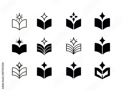 Teacher Training Logos. Teacher training and development. Icon set. Set Logo of teacher training and development: open book with rising spark. harmonious logo