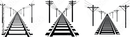 Black and white railway track illustration with power lines, utility poles, perspective symmetry, minimalist vector transportation background design art