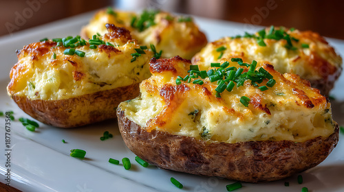 Delicious Gourmet Twice Baked Stuffed Potatoes with Melted Cheddar Cheese and Fresh Green Chives Served on a White Ceramic Platter for a Hearty Side Dish