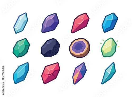 Isometric Crystal Icons Set. Crystal fragments. Colorful isometric vector icons set of crystal fragments: quartz shard, amethyst chip, ruby splinter, sapphire