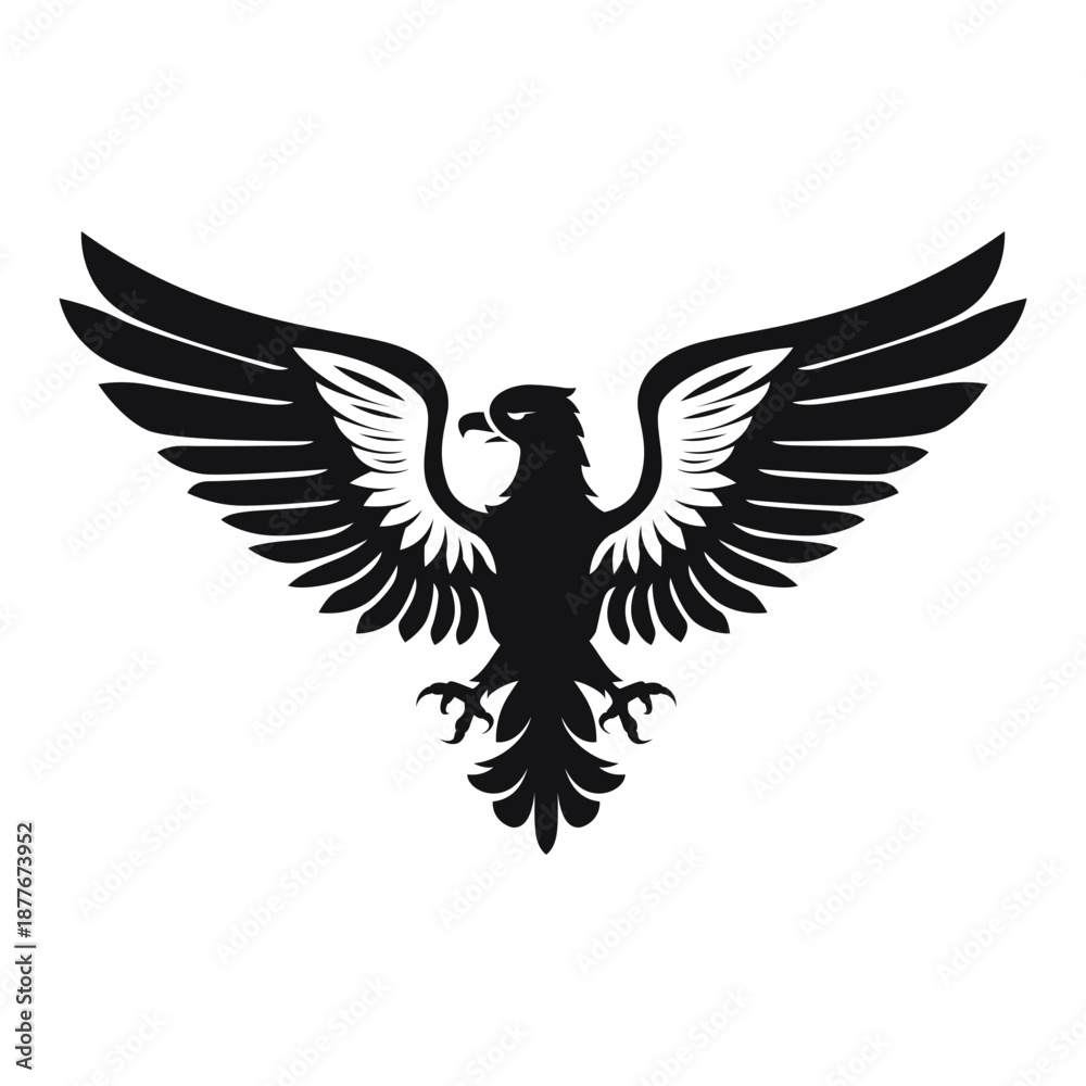 Fototapeta premium Black silhouette of a soaring eagle in flight against a white background showcases its wings and shape clearly
