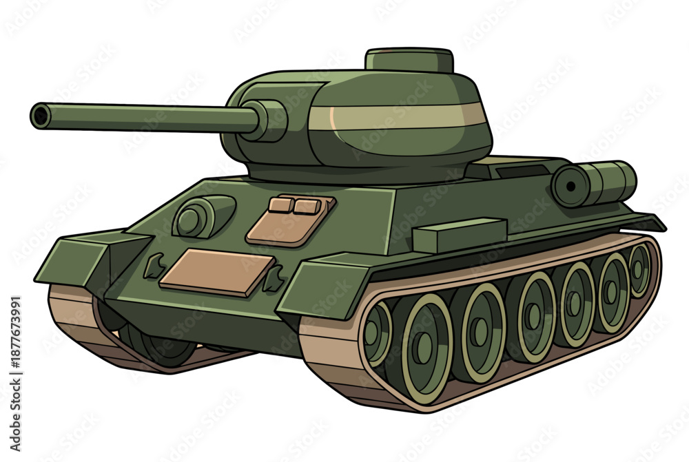 Fototapeta premium A detailed illustration of a green army tank, featuring a large gun barrel and treads. The tank has a distinct design