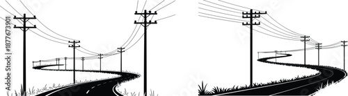 Black and white rural road illustration with power lines, utility poles, winding path landscape, minimalist vector art background, design, concept