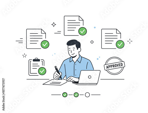 Efficient Document Approval. Document approval process. A manager approving files with checkmarks on a clean interface. Sense of control and efficiency,