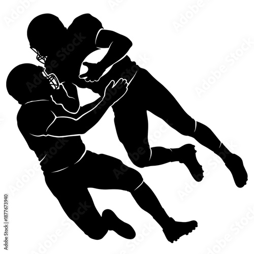 Football players in a dynamic play. The silhouette captures the intensity of the game. 