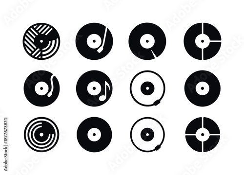 Indie Music Logos. Indie music. Icon set. Set Logo of indie music: vinyl record circle. harmonious logo variations of the same emblematic concept, each with