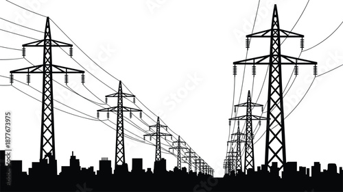 Black and white transmission tower illustration with high voltage power lines, city skyline silhouette, urban energy infrastructure, vector background design