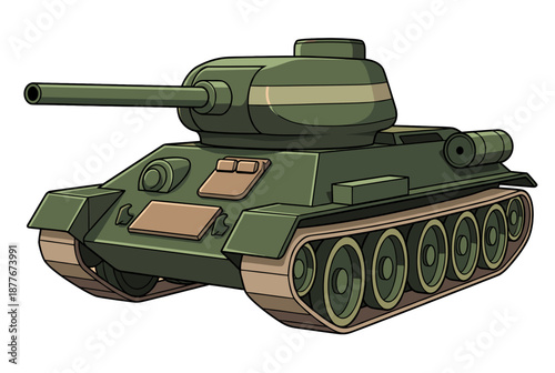 A detailed illustration of a green army tank, featuring a large gun barrel and treads. The tank has a distinct design