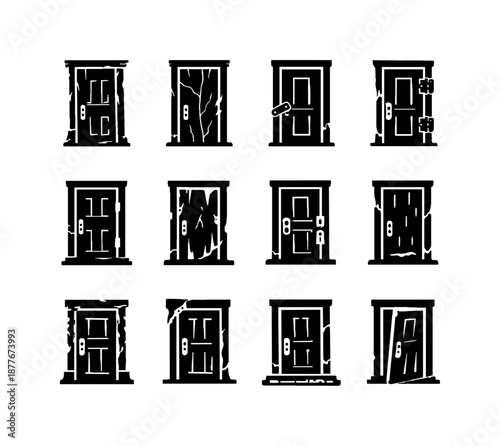 Forgotten Door Icons. Forgotten Door. Solid icon set of Forgotten Door: neglected door, faded paint layers, cracked wood grain, rusty handle, broken hinges,