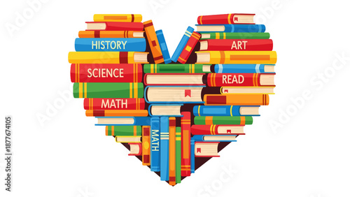 A heart-shaped arrangement of various books, each with a different title. A symbol of knowledge, reading, education and love of learning