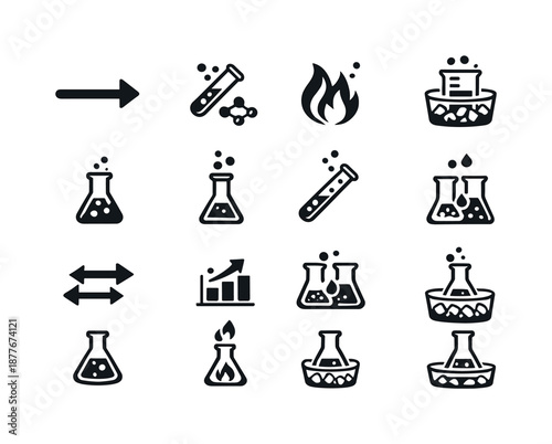 Chemical Reaction Icons. Chemical reactions. Solid icon set of Chemical reactions: reaction arrow, catalyst icon, heat flame, cooling bath, reaction vessel,