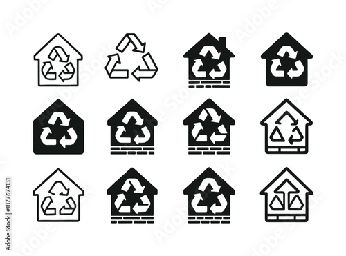 Sustainable Home Icon Set. Energy-efficient home design trends. Icon set. Set Logo of energy-efficient home design trends: recycled building materials.